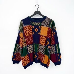 Vintage 90s Margules Patchwork Grandpa Sweater Multicolor Knit | Small